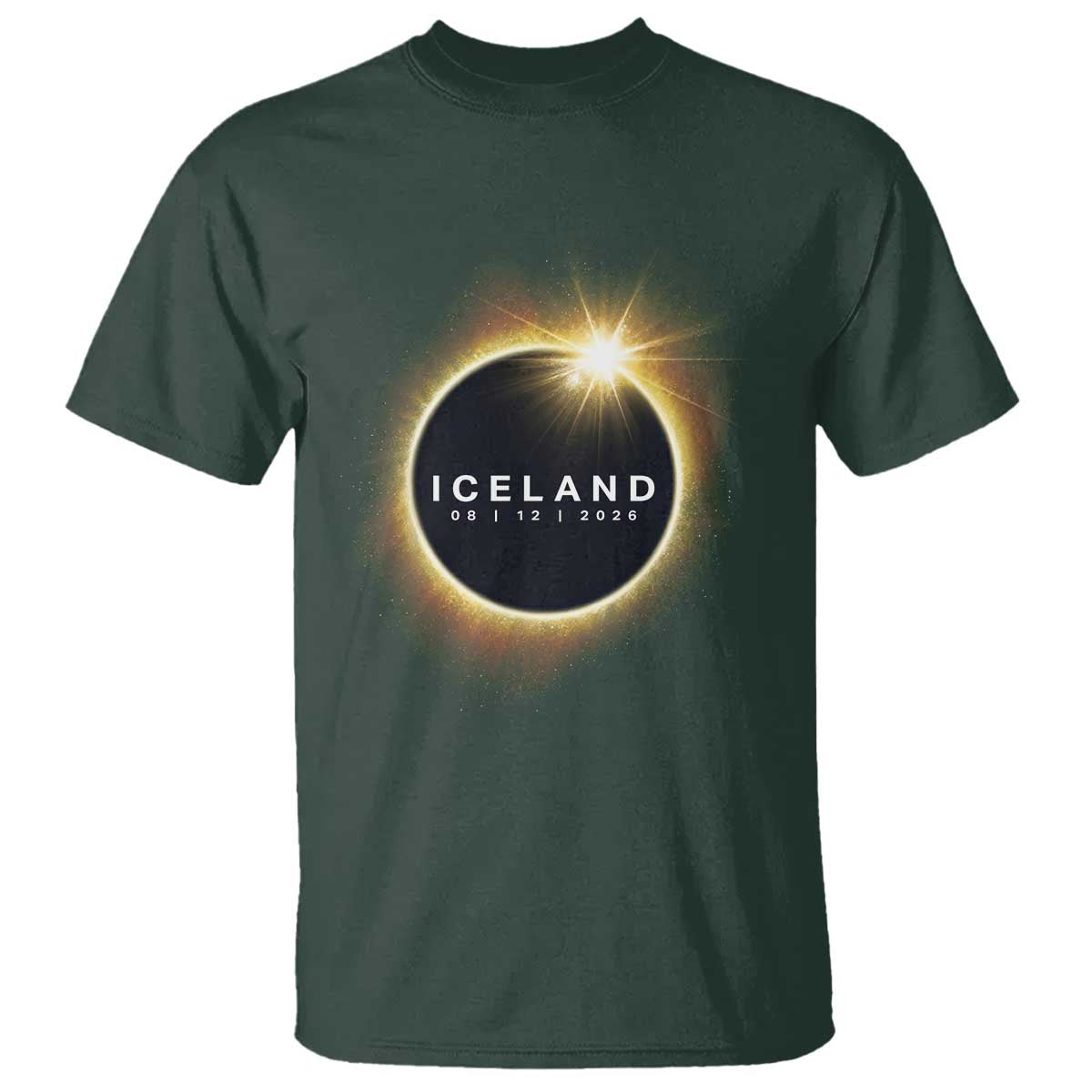 Iceland Total Solar Eclipse 2026 T Shirt Path of Totality Astronomy Gift TS02 Dark Forest Green Print Your Wear