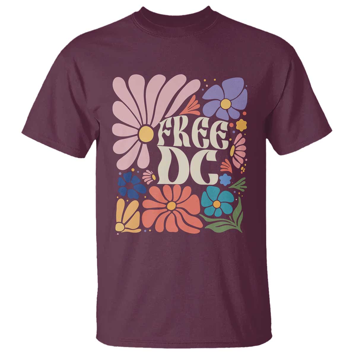Free DC Subtle Groovy Floral T Shirt Washington D.C. Rights Retro Hippie Style TS02 Maroon Print Your Wear