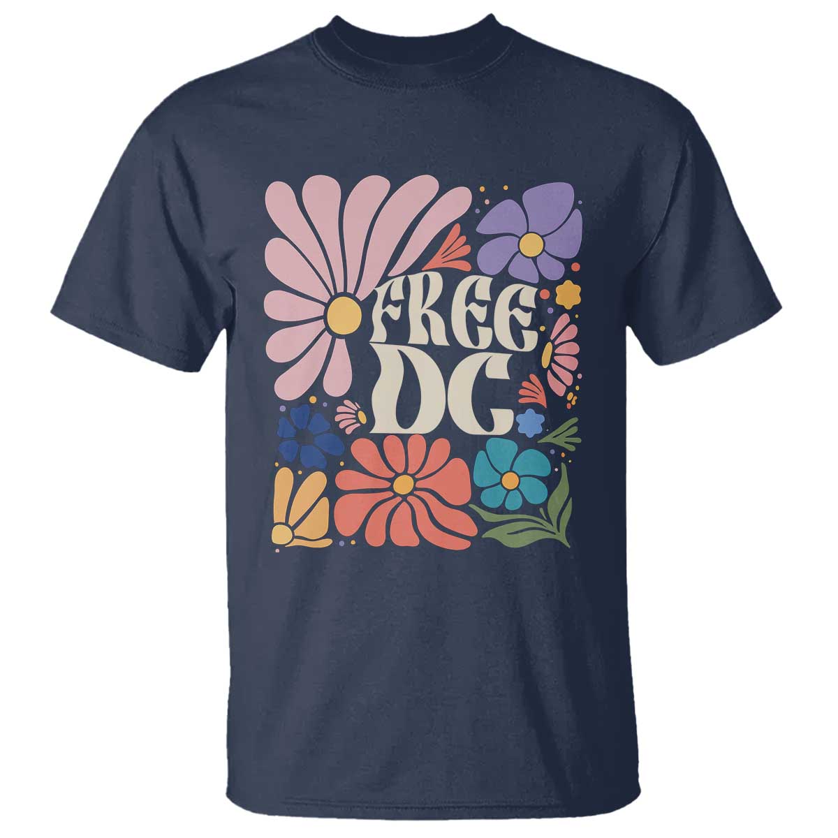 Free DC Subtle Groovy Floral T Shirt Washington D.C. Rights Retro Hippie Style TS02 Navy Print Your Wear