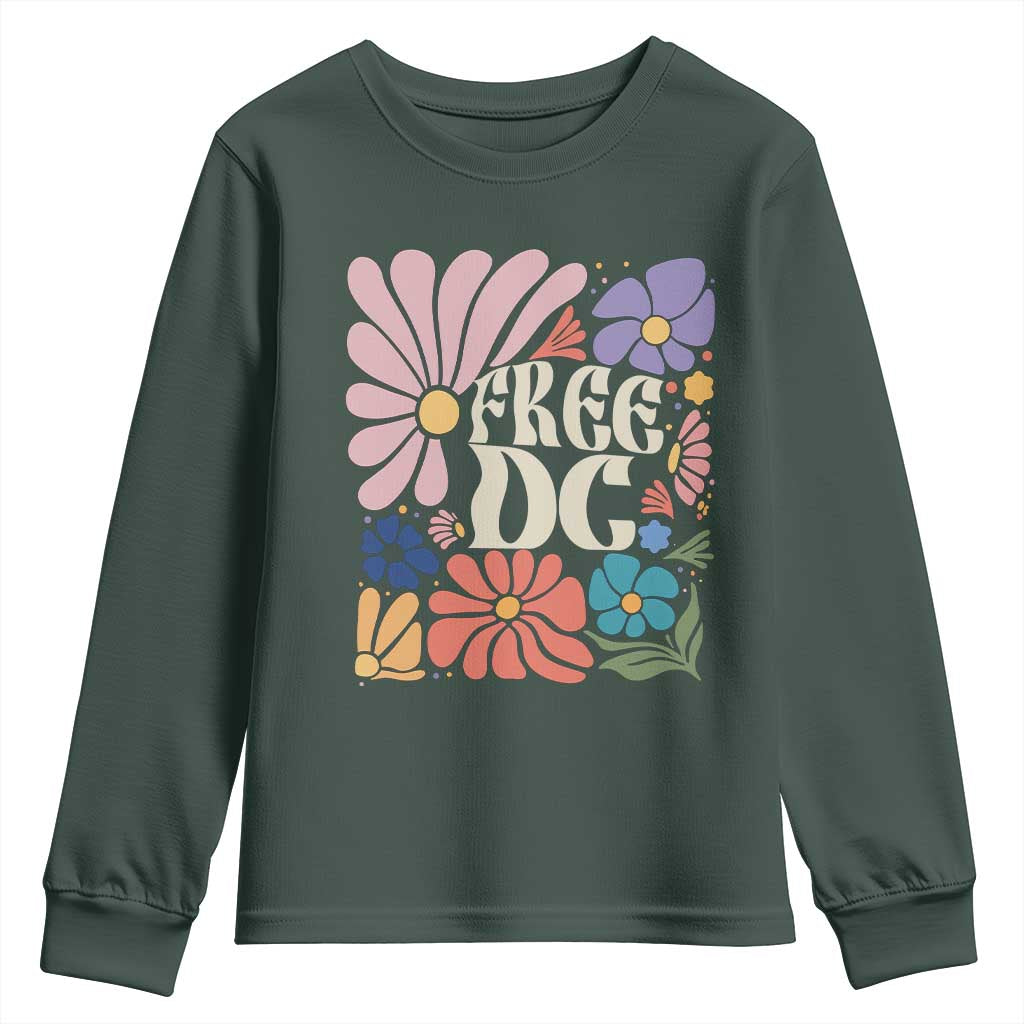 Free DC Subtle Groovy Floral Youth Sweatshirt Washington D.C. Rights Retro Hippie Style TS02 Dark Forest Green Print Your Wear
