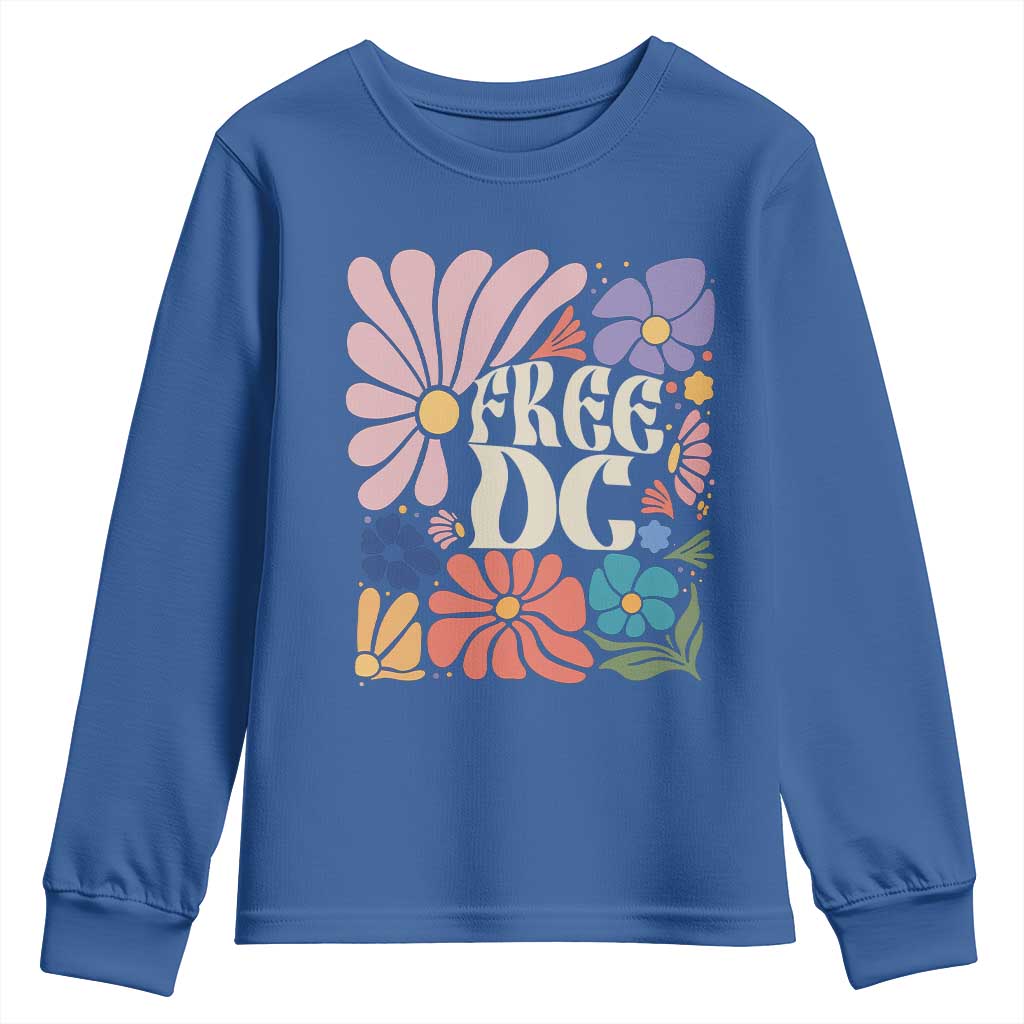 Free DC Subtle Groovy Floral Youth Sweatshirt Washington D.C. Rights Retro Hippie Style TS02 Royal Blue Print Your Wear