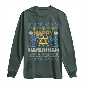 Happy Hanukkah Long Sleeve Shirt Jewish Festival of Lights Hanukkiah Menorah Ugly Chanukah TS02 Dark Forest Green Print Your Wear