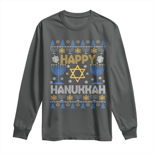 Happy Hanukkah Long Sleeve Shirt Jewish Festival of Lights Hanukkiah Menorah Ugly Chanukah TS02 Dark Heather Print Your Wear