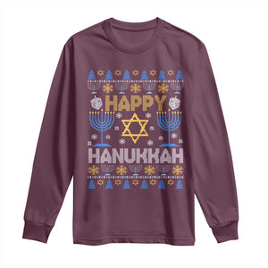 Happy Hanukkah Long Sleeve Shirt Jewish Festival of Lights Hanukkiah Menorah Ugly Chanukah TS02 Maroon Print Your Wear