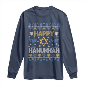 Happy Hanukkah Long Sleeve Shirt Jewish Festival of Lights Hanukkiah Menorah Ugly Chanukah TS02 Navy Print Your Wear