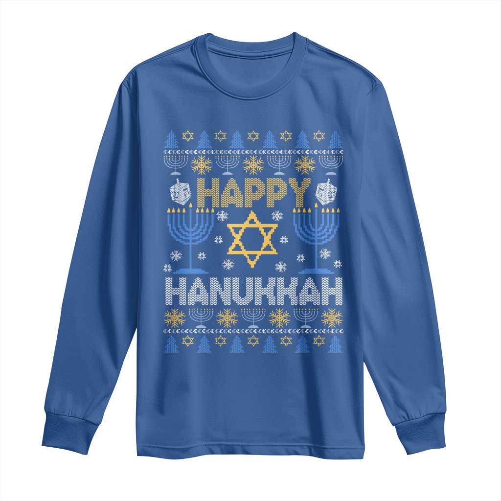 Happy Hanukkah Long Sleeve Shirt Jewish Festival of Lights Hanukkiah Menorah Ugly Chanukah TS02 Royal Blue Print Your Wear