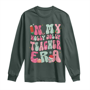 In My Holly Jolly Teacher Era Xmas Groovy Christmas Long Sleeve Shirt TS02 Dark Forest Green Print Your Wear