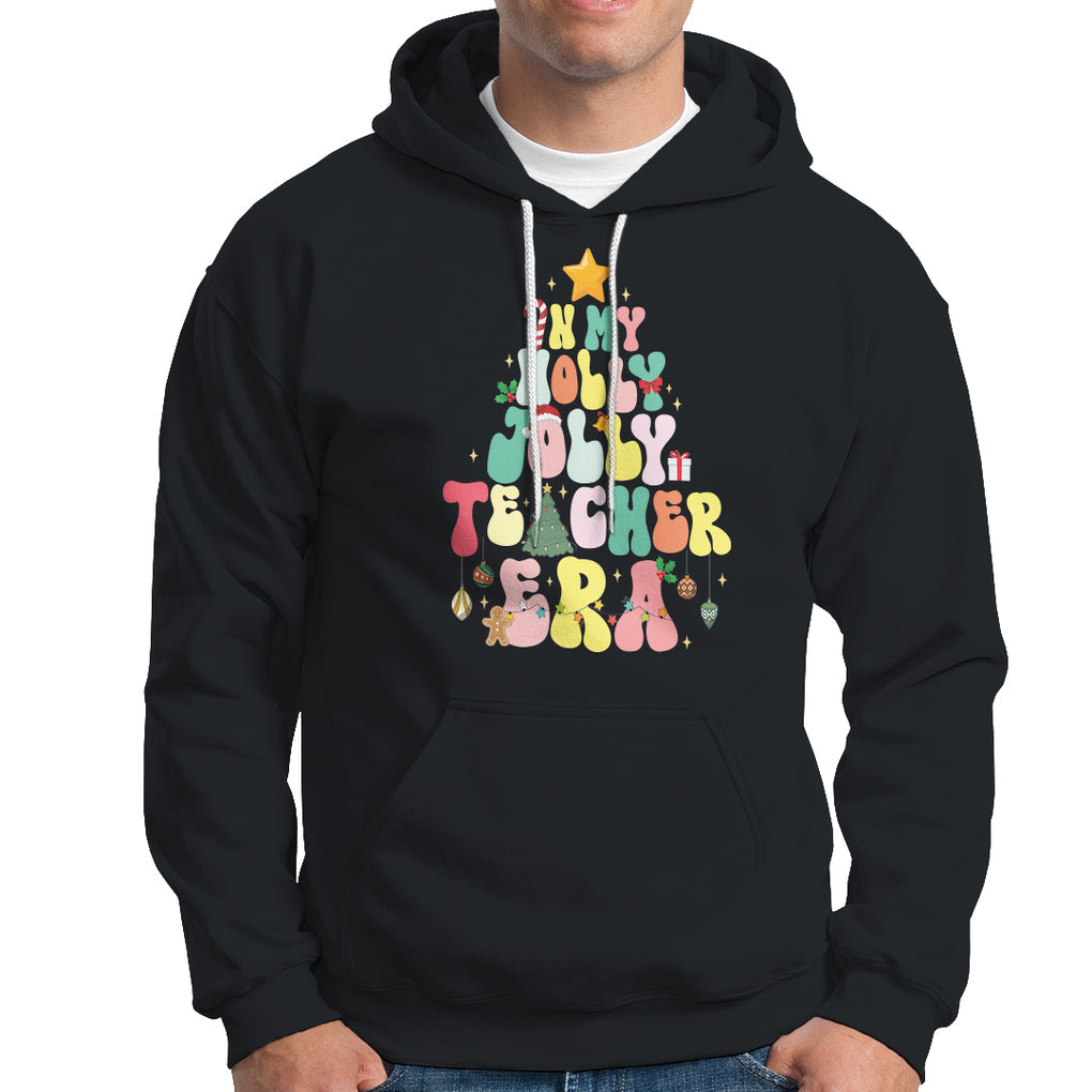 In My Holly Jolly Teacher Era Xmas Groovy Christmas Tree Hoodie TS02 Black Printyourwear