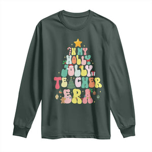 In My Holly Jolly Teacher Era Xmas Groovy Christmas Tree Long Sleeve Shirt TS02 Dark Forest Green Print Your Wear