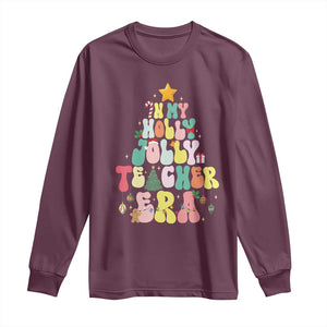 In My Holly Jolly Teacher Era Xmas Groovy Christmas Tree Long Sleeve Shirt TS02 Maroon Print Your Wear