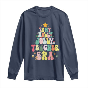 In My Holly Jolly Teacher Era Xmas Groovy Christmas Tree Long Sleeve Shirt TS02 Navy Print Your Wear