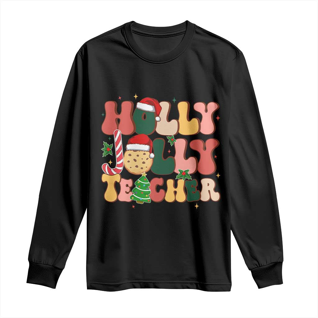 Groovy Holly Jolly Teacher Christmas Retro Xmas Long Sleeve Shirt TS02 Black Print Your Wear