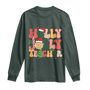 Groovy Holly Jolly Teacher Christmas Retro Xmas Long Sleeve Shirt TS02 Dark Forest Green Print Your Wear