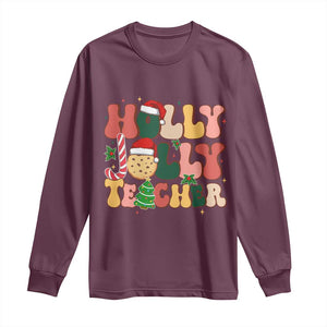 Groovy Holly Jolly Teacher Christmas Retro Xmas Long Sleeve Shirt TS02 Maroon Print Your Wear