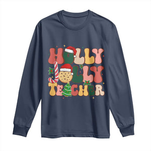 Groovy Holly Jolly Teacher Christmas Retro Xmas Long Sleeve Shirt TS02 Navy Print Your Wear