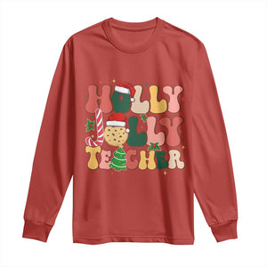 Groovy Holly Jolly Teacher Christmas Retro Xmas Long Sleeve Shirt TS02 Red Print Your Wear