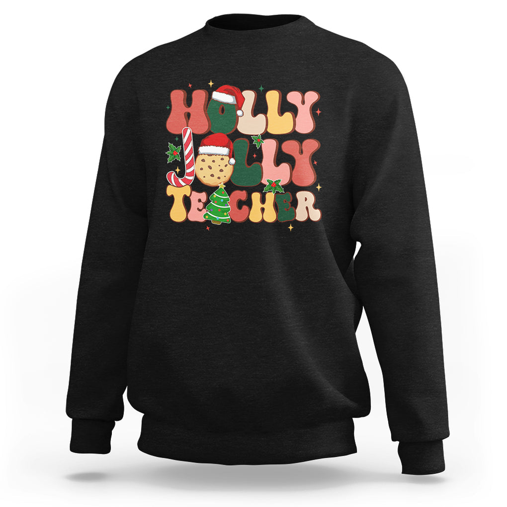 Groovy Holly Jolly Teacher Christmas Retro Xmas Sweatshirt TS02 Black Printyourwear