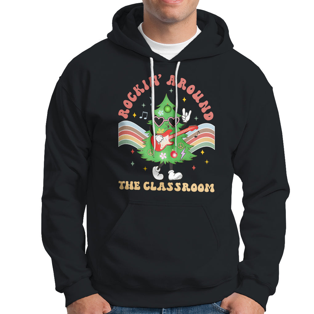 Teacher Christmas Hoodie Rockin' Around The Classroom Groovy Xmas Tree TS02 Black Printyourwear