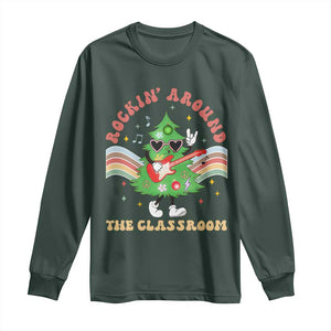 Teacher Christmas Long Sleeve Shirt Rockin' Around The Classroom Groovy Xmas Tree TS02 Dark Forest Green Print Your Wear