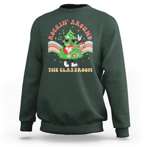 Teacher Christmas Sweatshirt Rockin' Around The Classroom Groovy Xmas Tree TS02 Dark Forest Green Printyourwear