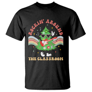 Teacher Christmas T Shirt Rockin' Around The Classroom Groovy Xmas Tree TS02 Black Printyourwear