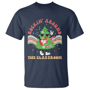 Teacher Christmas T Shirt Rockin' Around The Classroom Groovy Xmas Tree TS02 Navy Printyourwear