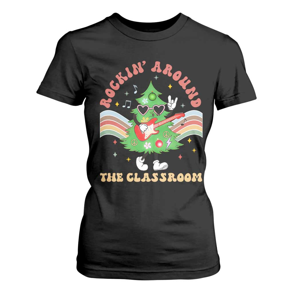 Teacher Christmas T Shirt For Women Rockin' Around The Classroom Groovy Xmas Tree TS02 Black Print Your Wear