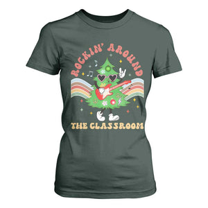 Teacher Christmas T Shirt For Women Rockin' Around The Classroom Groovy Xmas Tree TS02 Dark Forest Green Print Your Wear