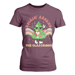 Teacher Christmas T Shirt For Women Rockin' Around The Classroom Groovy Xmas Tree TS02 Maroon Print Your Wear