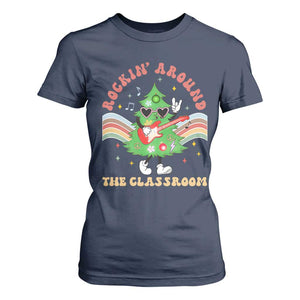 Teacher Christmas T Shirt For Women Rockin' Around The Classroom Groovy Xmas Tree TS02 Navy Print Your Wear