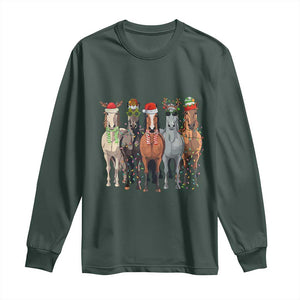 Funny Christmas Horse Long Sleeve Shirt Xmas Light Reindeer Horses Crew with Santa Hat TS02 Dark Forest Green Print Your Wear