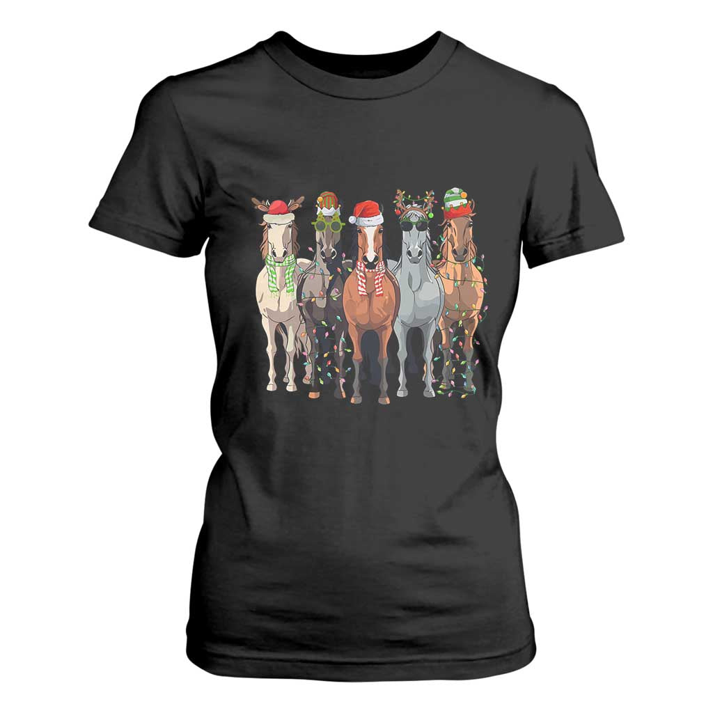 Funny Christmas Horse T Shirt For Women Xmas Light Reindeer Horses Crew with Santa Hat TS02 Black Print Your Wear