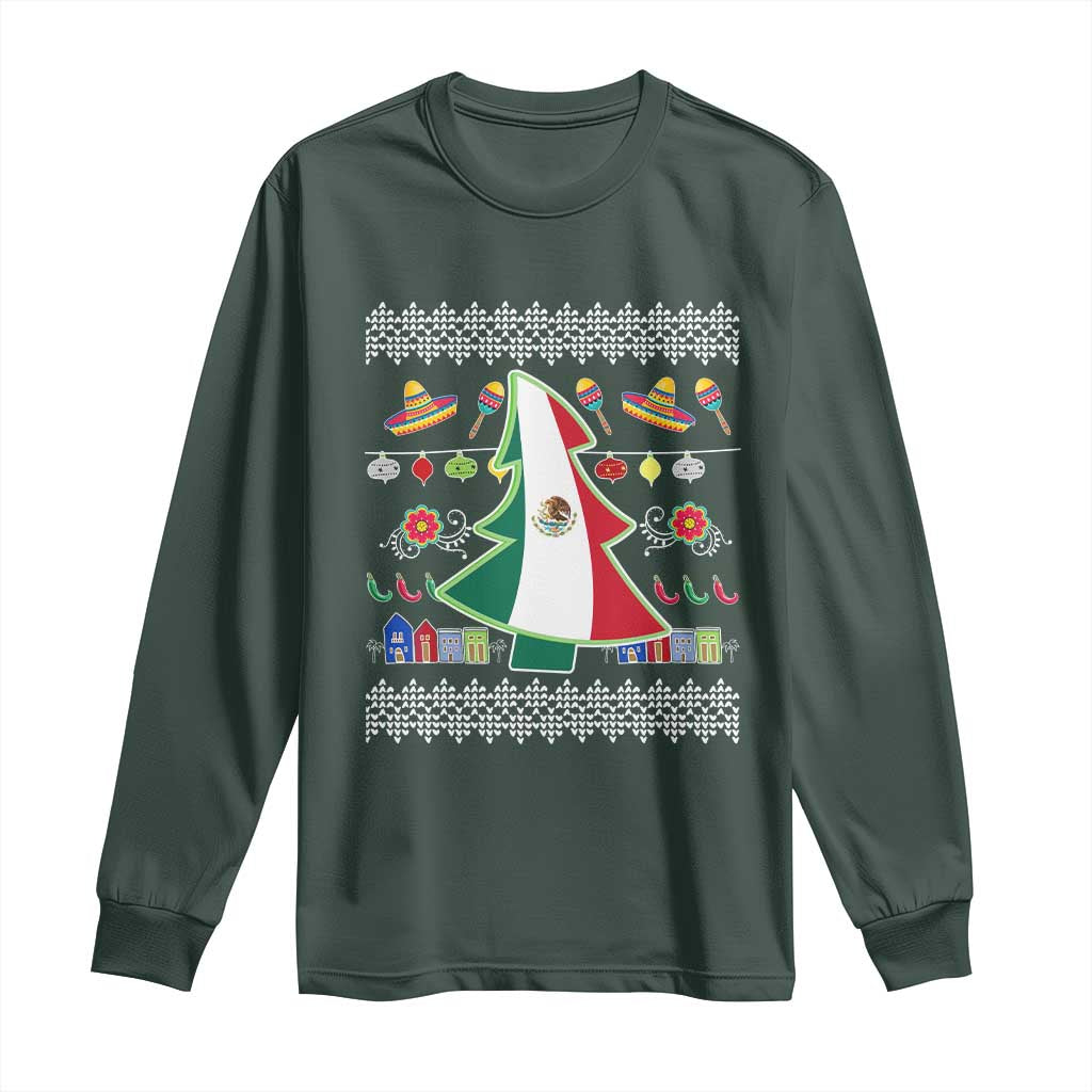 Mexican Christmas Long Sleeve Shirt Mexico Flag Xmas Tree Ugly Sweater TS02 Dark Forest Green Print Your Wear