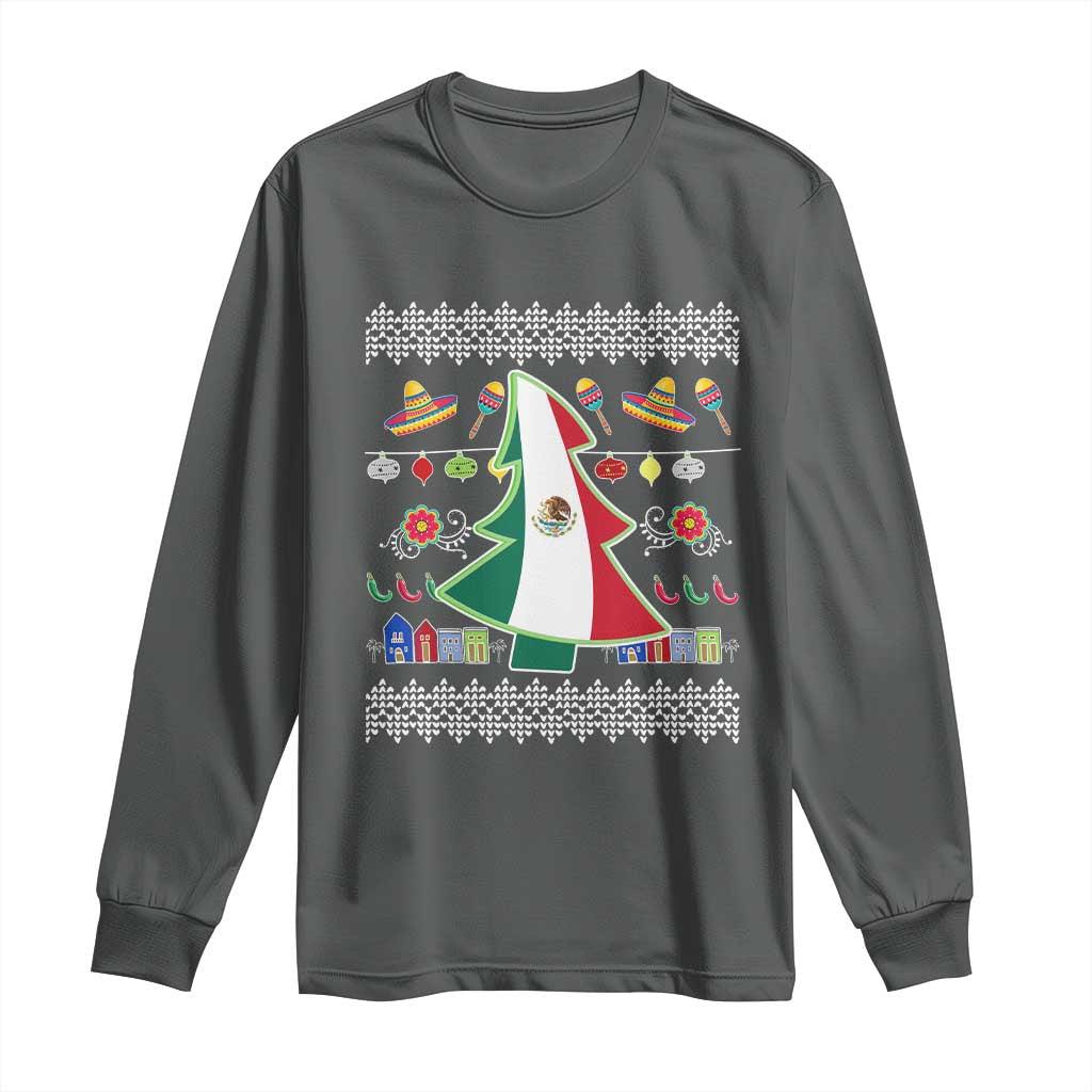 Mexican Christmas Long Sleeve Shirt Mexico Flag Xmas Tree Ugly Sweater TS02 Dark Heather Print Your Wear