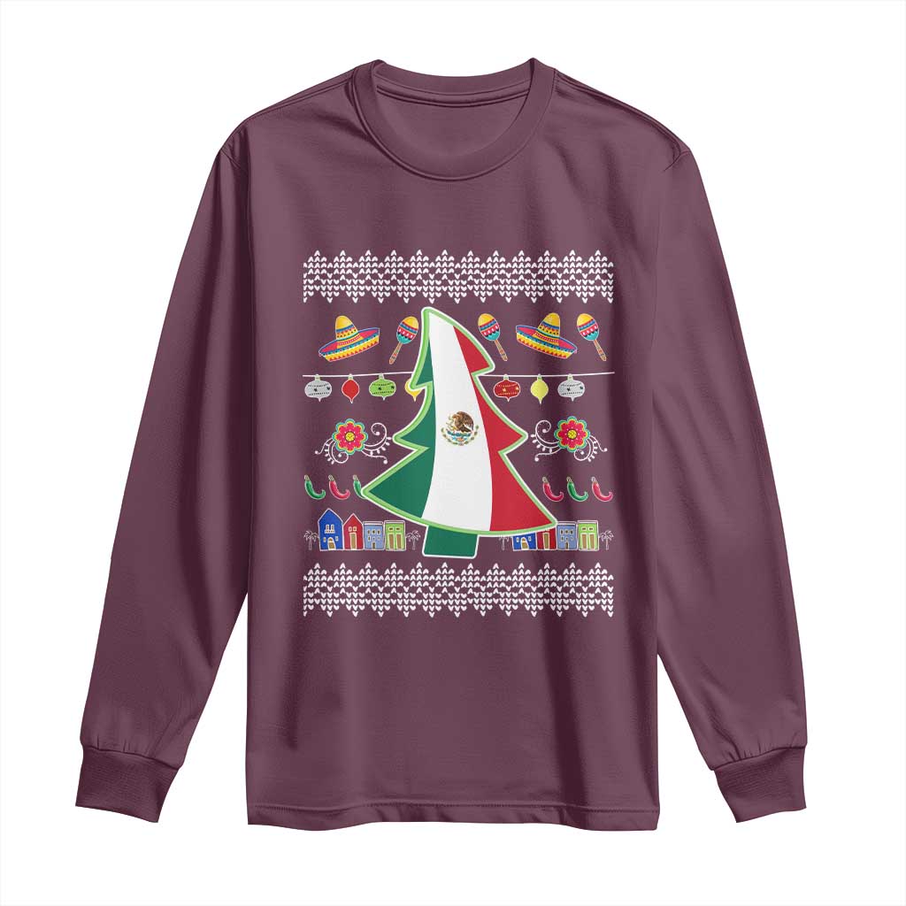 Mexican Christmas Long Sleeve Shirt Mexico Flag Xmas Tree Ugly Sweater TS02 Maroon Print Your Wear