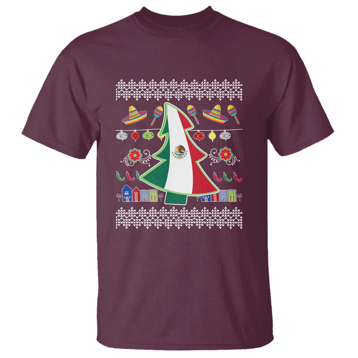 Mexican Christmas T Shirt Mexico Flag Xmas Tree Ugly Sweater TS02 Maroon Print Your Wear