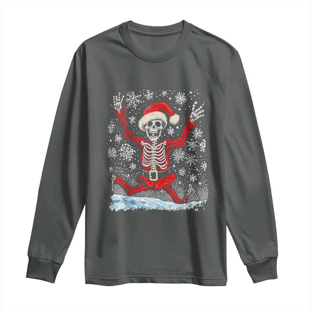 Dancing Skeleton Christmas Long Sleeve Shirt Snowy Xmas Night Santa TS02 Dark Heather Print Your Wear