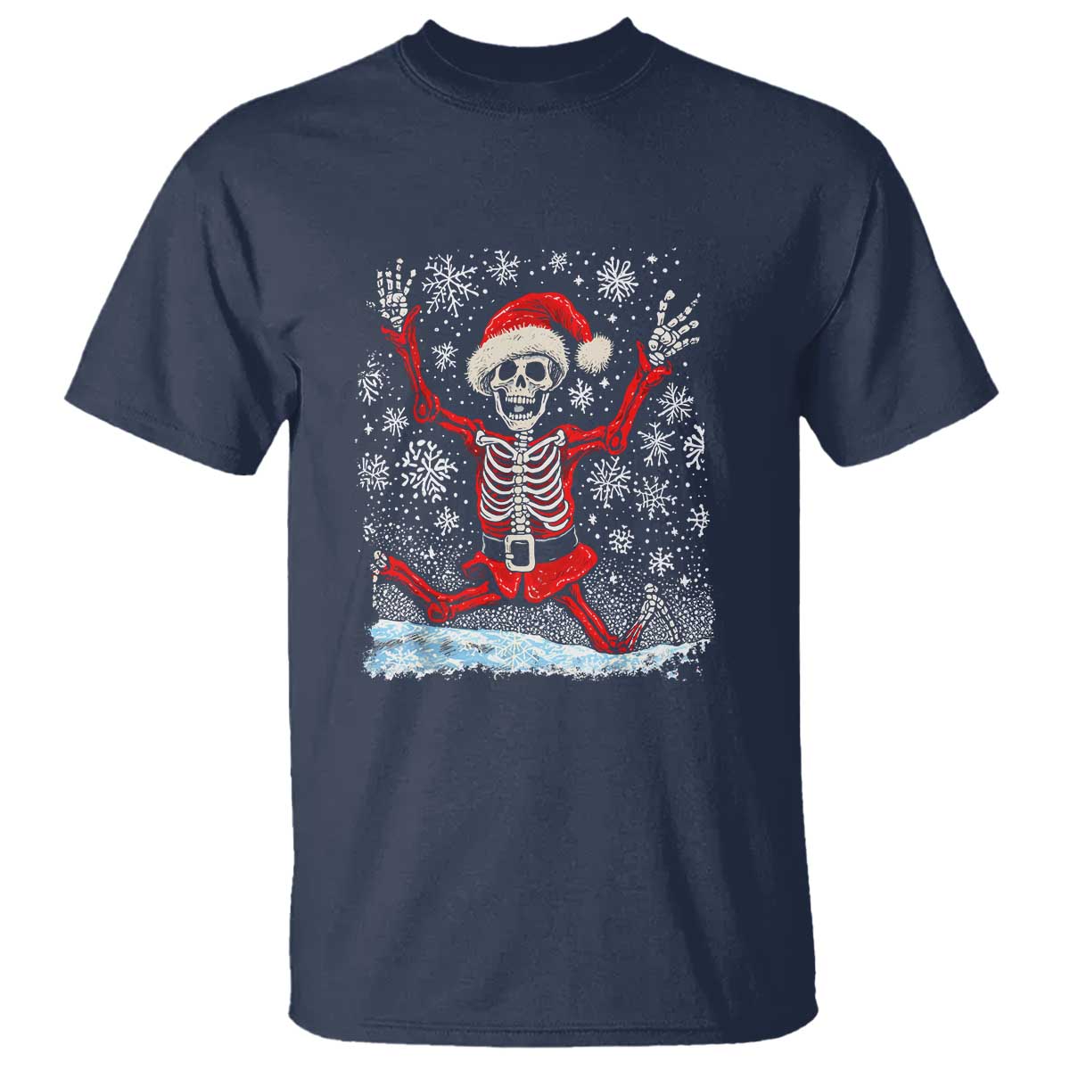 Dancing Skeleton Christmas T Shirt Snowy Xmas Night Santa TS02 Navy Print Your Wear