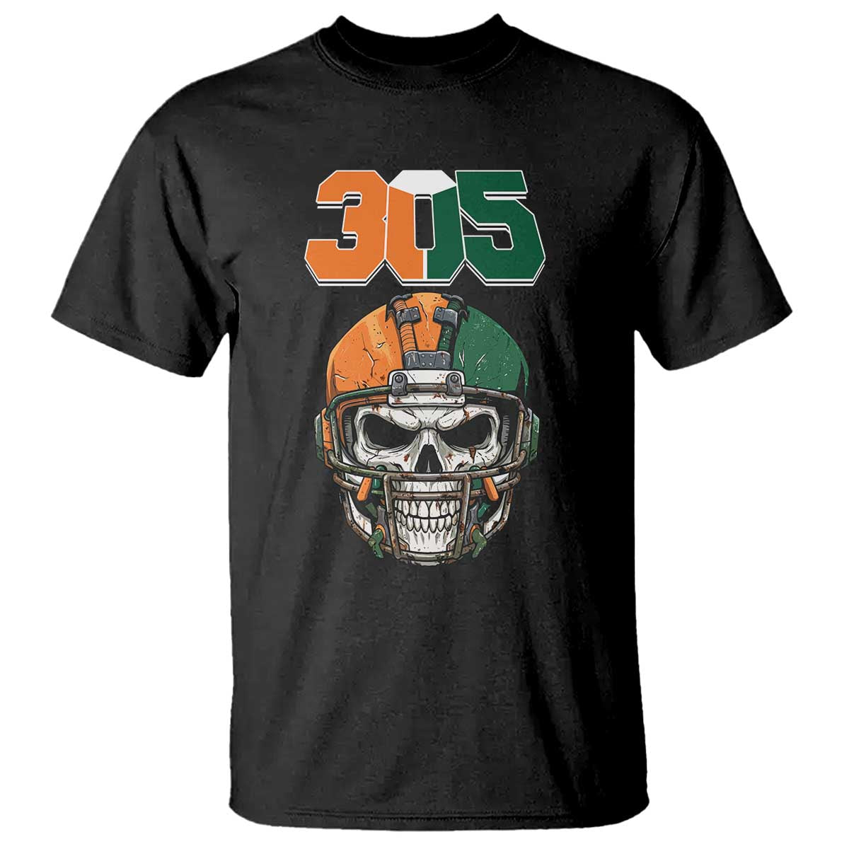 305 Football Warrior Skull T Shirt Orange and Green Miami Vibes TS02 Black Print Your Wear