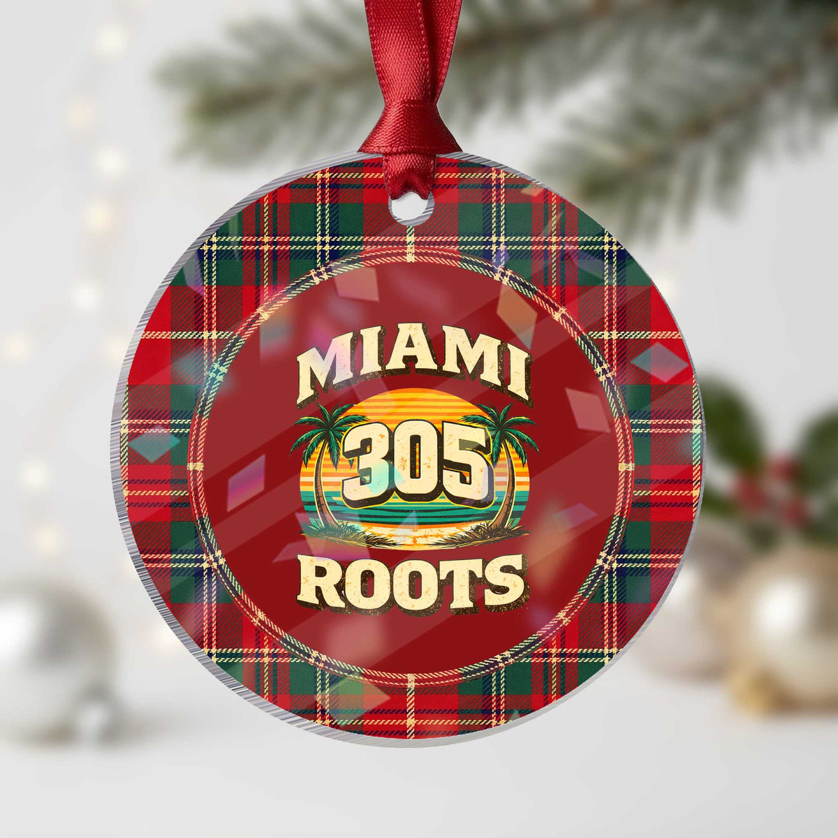Vintage Miami 305 Roots Holographic Acrylic Ornament Retro Sunset Palm Trees Florida Natives