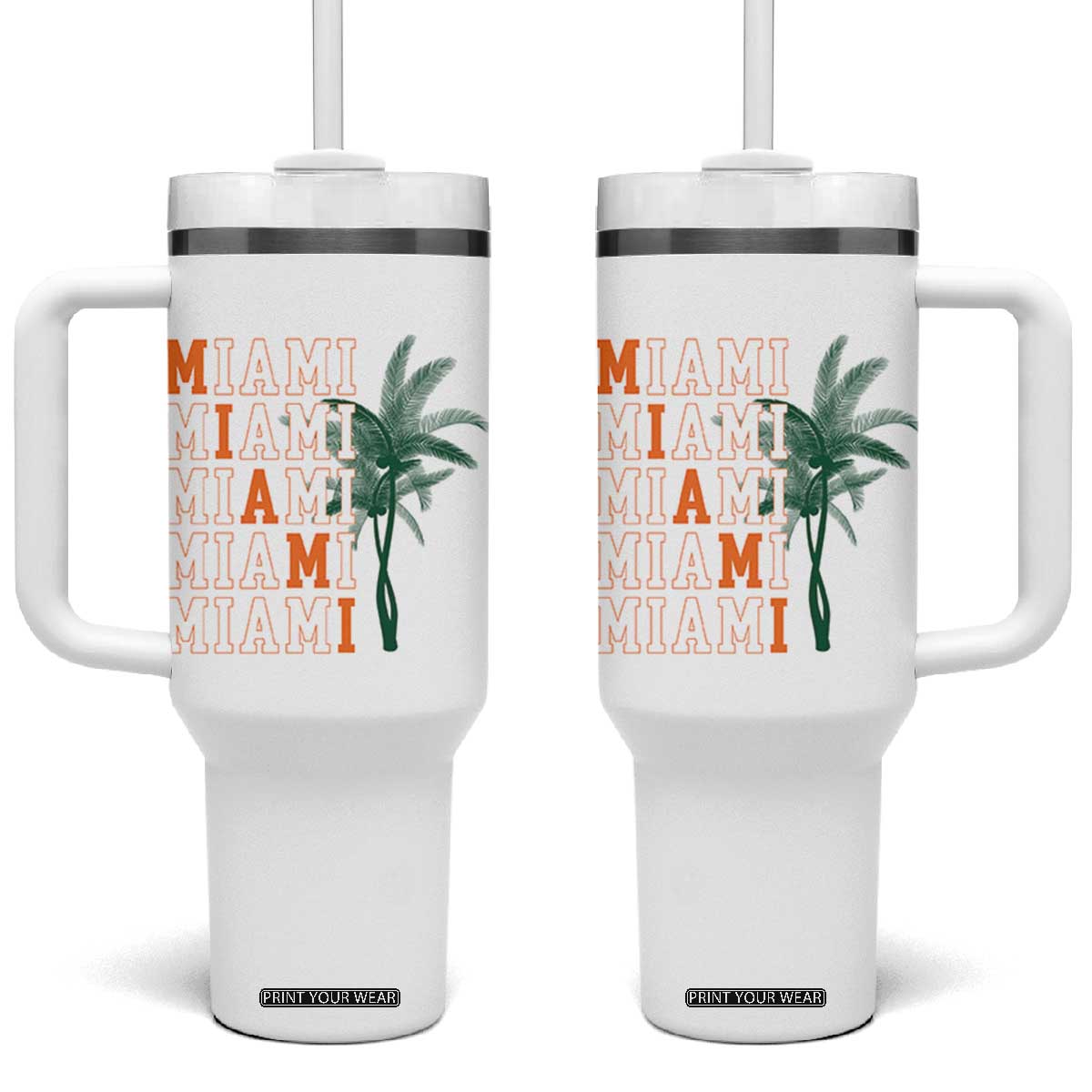 Miami Pride Palm Tree Graphic Tumbler With Handle Orange and Green Tropical City Vibes TS02 One Size: 40 oz White Print Your Wear