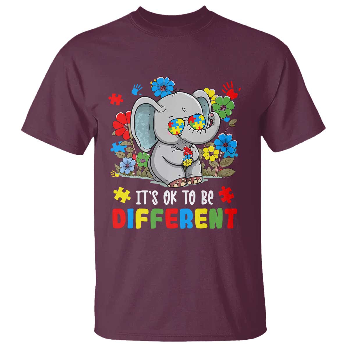 Autism Awareness Elephant T Shirt It's Ok To Be Different Proud Autistic Acceptance TS02 Maroon Printyourwear