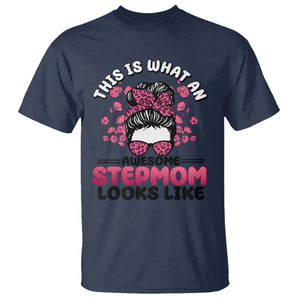 Funny Bonus Mom T Shirt This Is What An Awesome Stepmom Looks Like Pink Messy Bun TS02 Navy Printyourwear