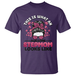 Funny Bonus Mom T Shirt This Is What An Awesome Stepmom Looks Like Pink Messy Bun TS02 Purple Printyourwear