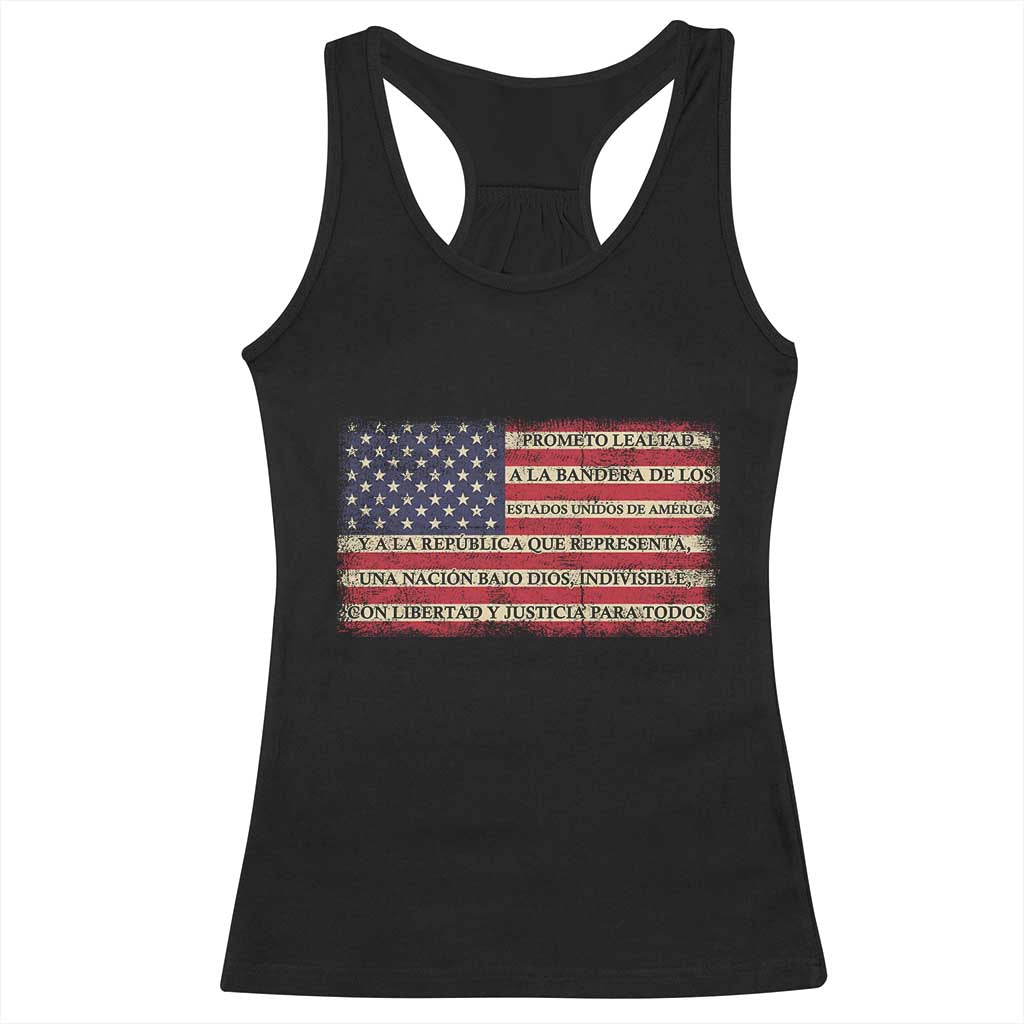 Spanish Pledge of Allegiance USA Flag Vintage Patriotic Graphic Racerback Tank Top American Patriot Promesa de Lealtad TS02 Black Print Your Wear