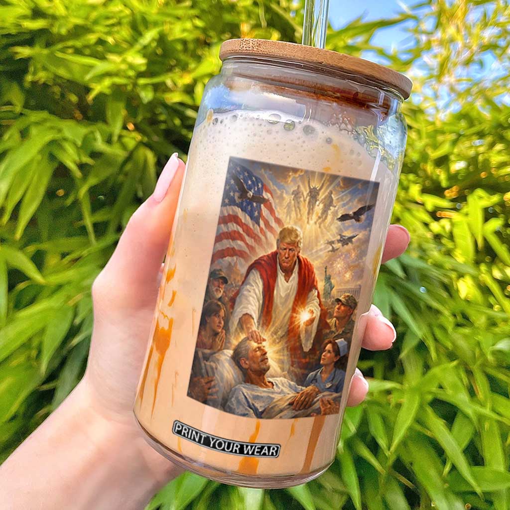 Trump The Healer Oil Painting Graphic Glass Can Sacred Heart Divine Mercy Political Parody TS02 Black Print Your Wear