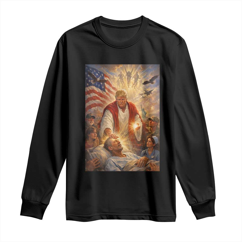 Trump The Healer Oil Painting Graphic Long Sleeve Shirt Sacred Heart Divine Mercy Political Parody TS02 Black Print Your Wear