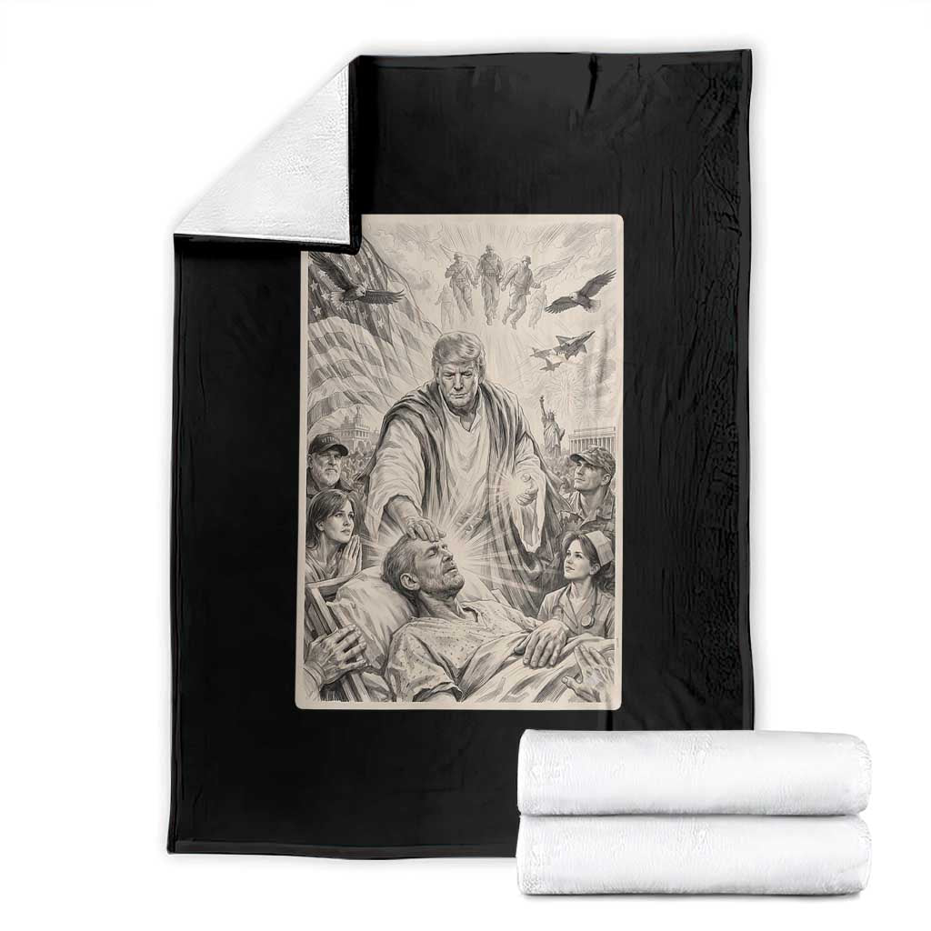 Trump The Healer Graphic Throw Blanket Vintage Etching Style Religious Political Satire TS02 Black Print Your Wear