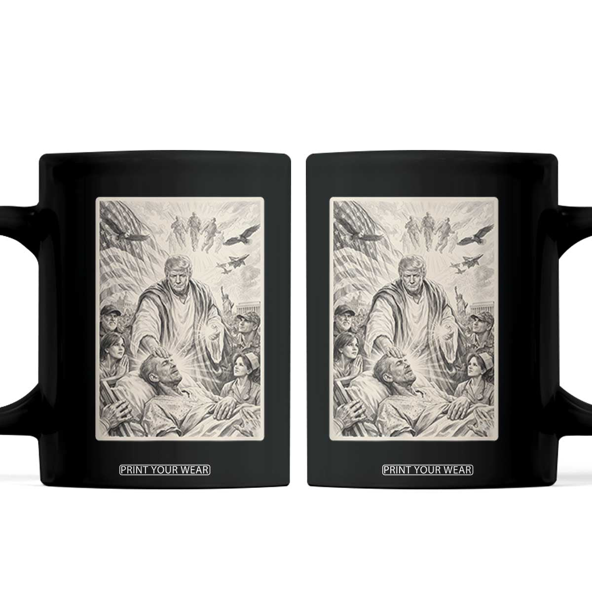 Trump The Healer Graphic Coffee Mug Vintage Etching Style Religious Political Satire TS02 Black Print Your Wear