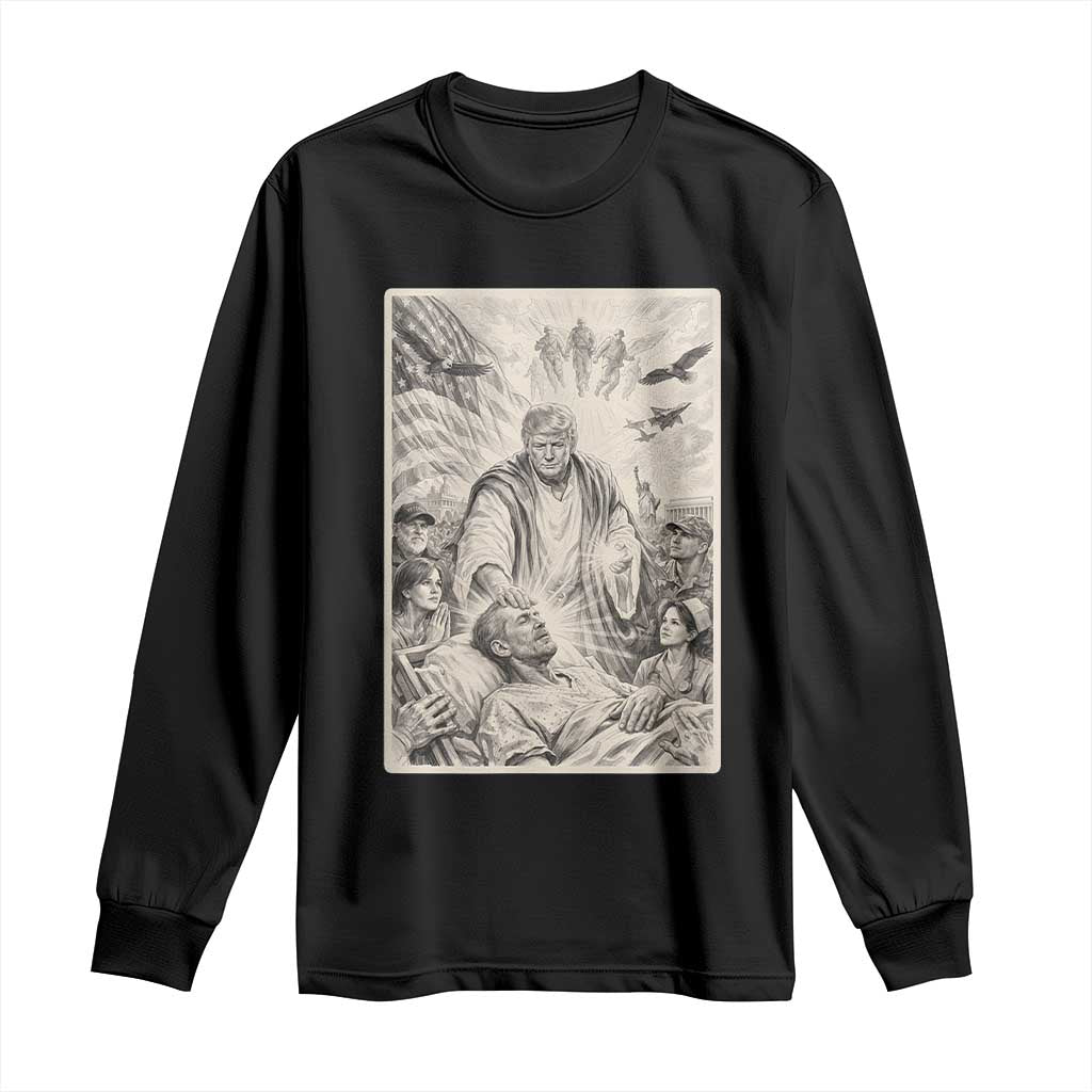 Trump The Healer Graphic Long Sleeve Shirt Vintage Etching Style Religious Political Satire TS02 Black Print Your Wear